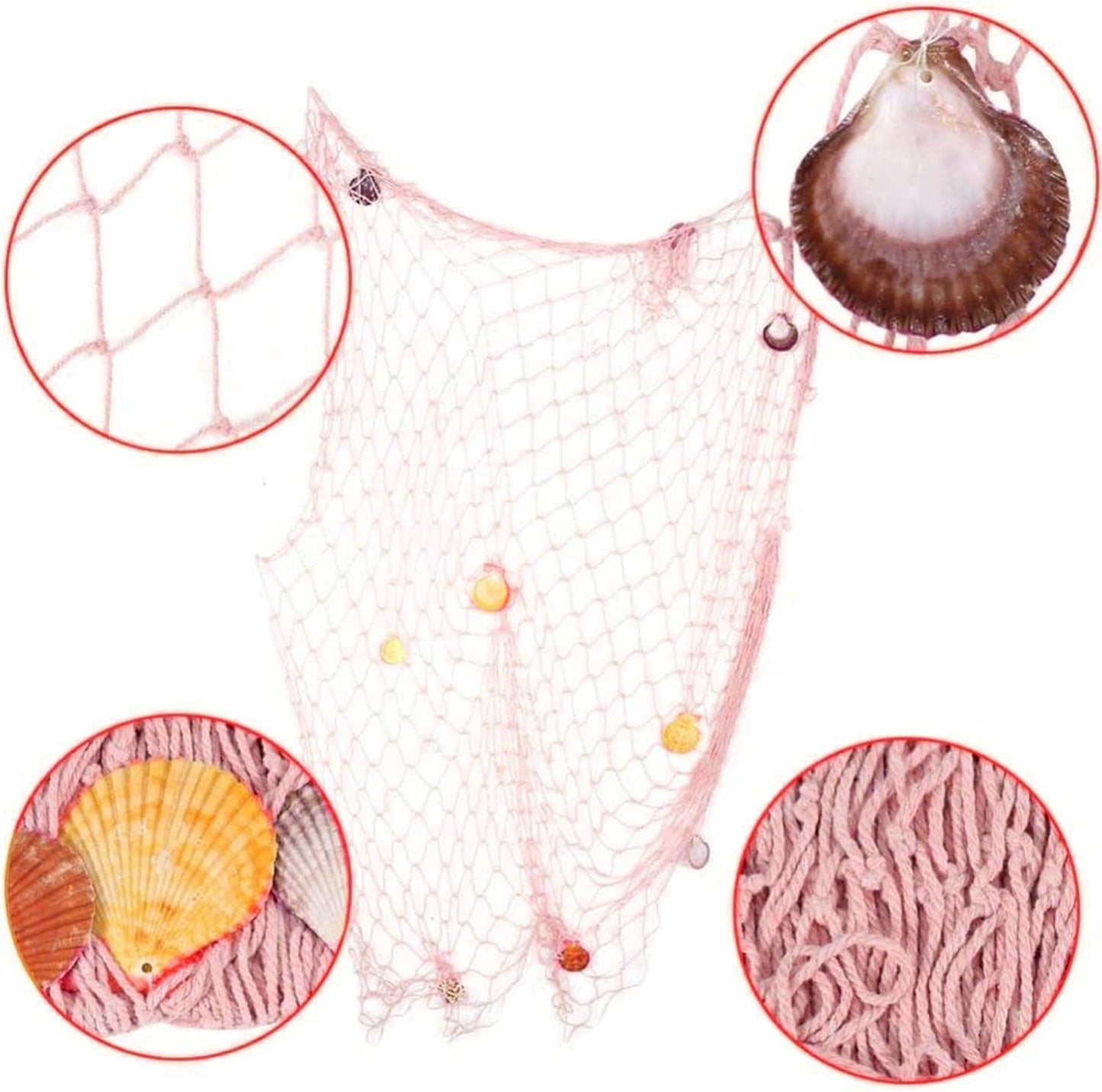 Nature Fish Net Wall Decoration with Shells, Ocean Themed Wall Hangings Fishing Net Party Decor for Pirate Party,Wedding,Photographing Decoration (Pink)