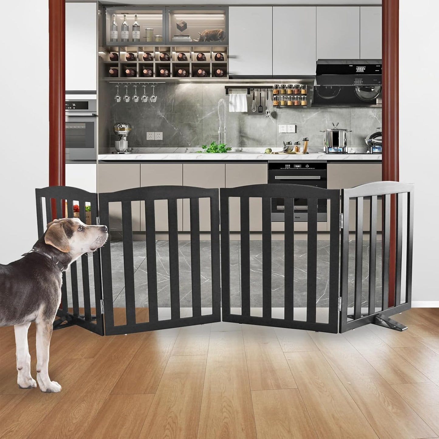 ZJSF Foldable Freestanding Indoor Dog Gate for House Wood Long Pet Gates Dog Fence for Stairs Puppy Gates for Hallways, Puppy Gate,Support Feet Included, Black, 24 "Height-4 Panels