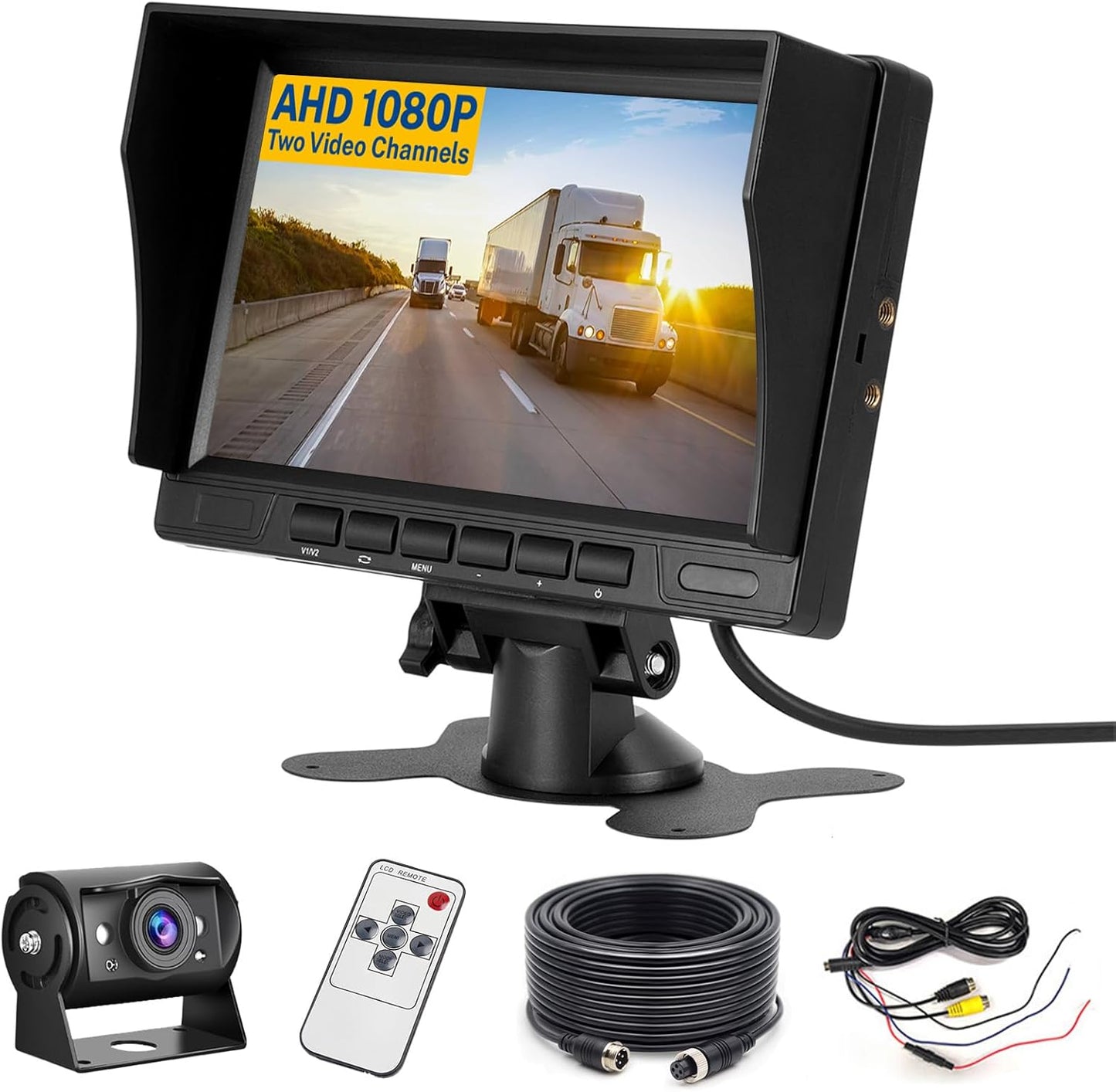 Wired AHD Backup Camera System, IP69 Metal Camera, Night Vision, 7" 1080P Monitor Kit with 15M Extension Cable and Remote Control for Trucks Buses Vans Trucks Trailers RVs Campers