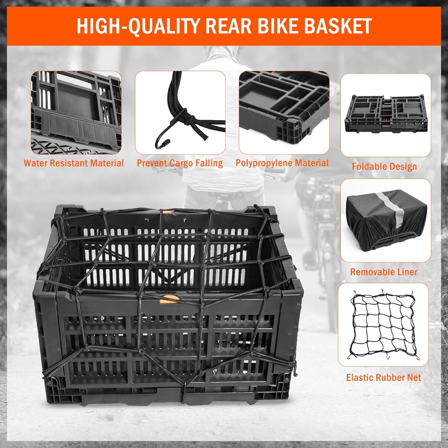 Rear Bike Basket, Foldable Rear Rack Bicycle Basket with Mesh Pocket Waterproof Cover Reflective Strip for Adult Bikes Easy to Assemble and Carry for Pets Fruit