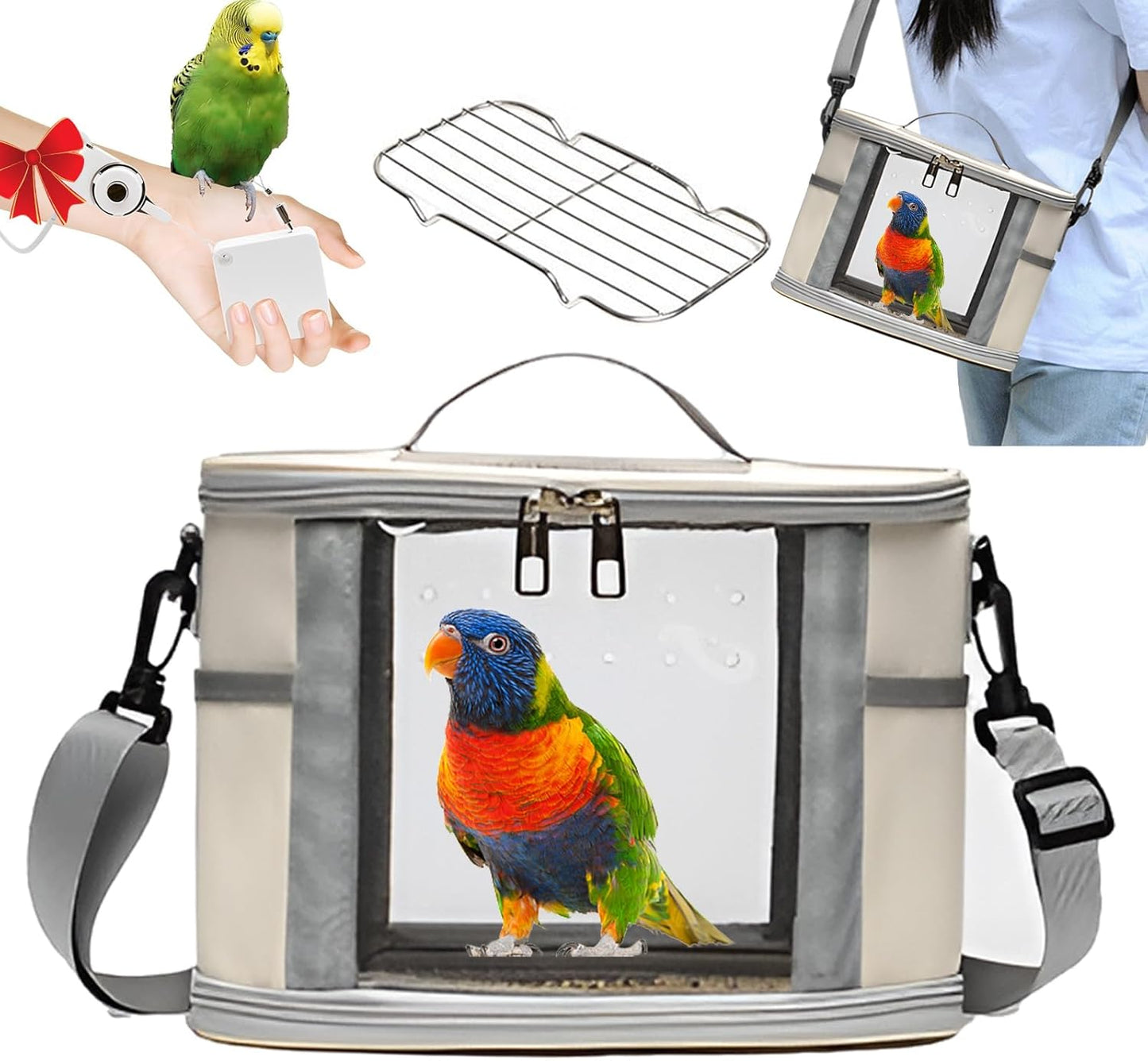 Bird Travel Carrierm, Small Bird Travel Backpack Carrier Cage with Tray and Breathable Clear Window, for Parakeet Cockatiel Budgies, for Camping Hiking (Small-White)