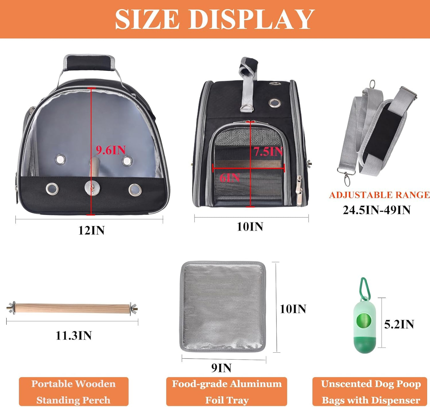 Bird Carrier with Stand & Tray, Small Bird Travel Cage for Parrot & Parakeet, Shoulder Strap - Black