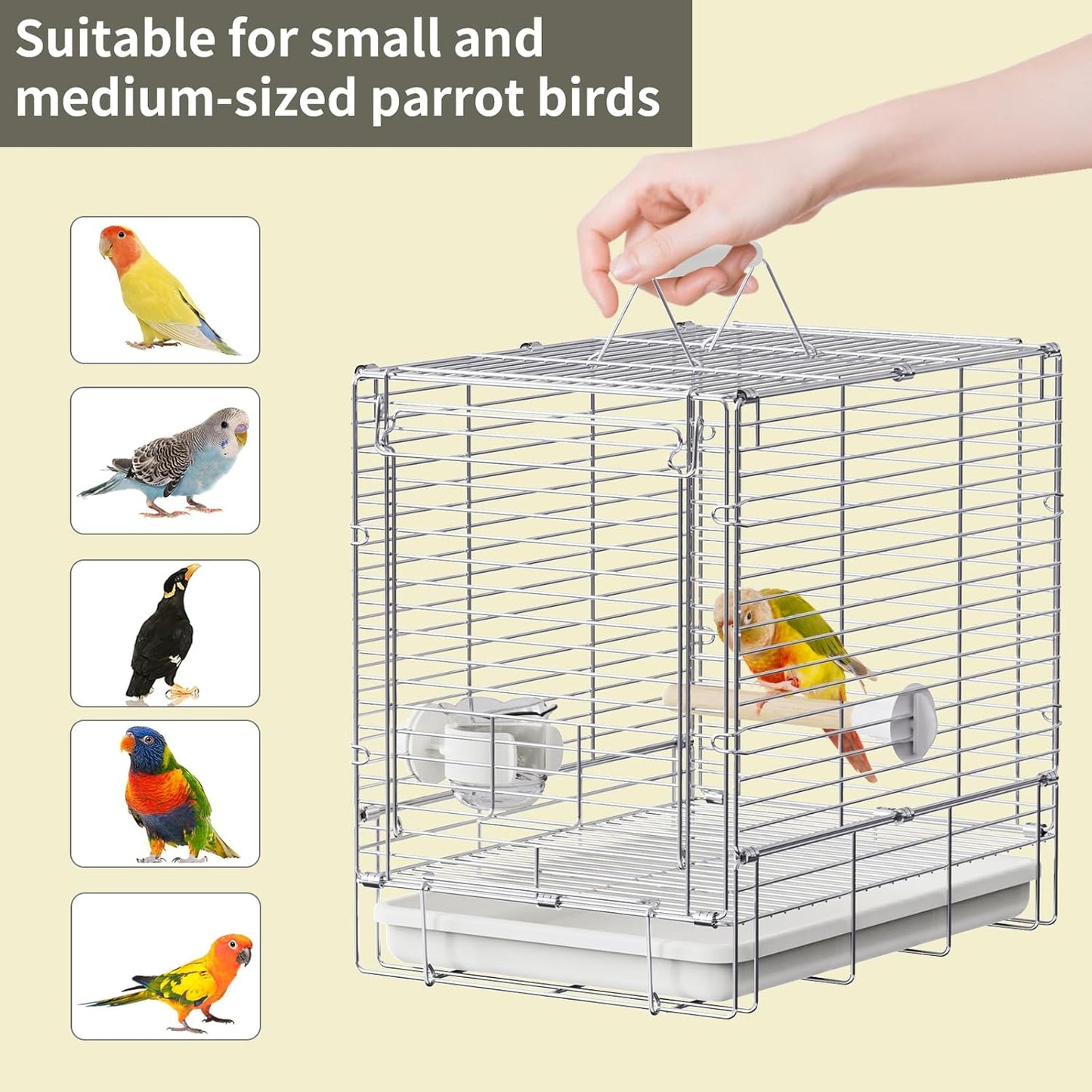 Bird Carrier Travel Cage - 304 Stainless Steel Portable Folding Bird Travel Cage with Parrot Feeder Cups & Standing Perch for Smaller Birds Conures Lovebird Cockatiel Parakeets (White)