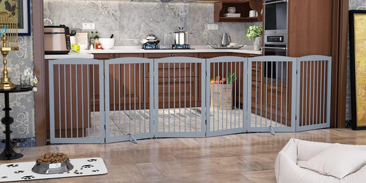 Freestanding Pet Gate for Dogs, Indoor Wooden Foldable Dog Gate for House, Extra Wide, Pet Fence for Stairs, Doorways, Halls, Support Feet Included, 120 Inch Wide, 6 Panels 32",Grey