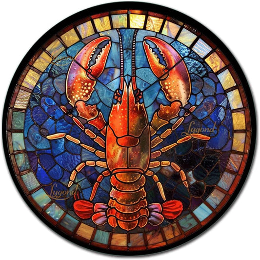 Lygond Metal Sign Tin Sign Circular Stained Glass Lobster Gardening Poster for Club 8×8 Inches