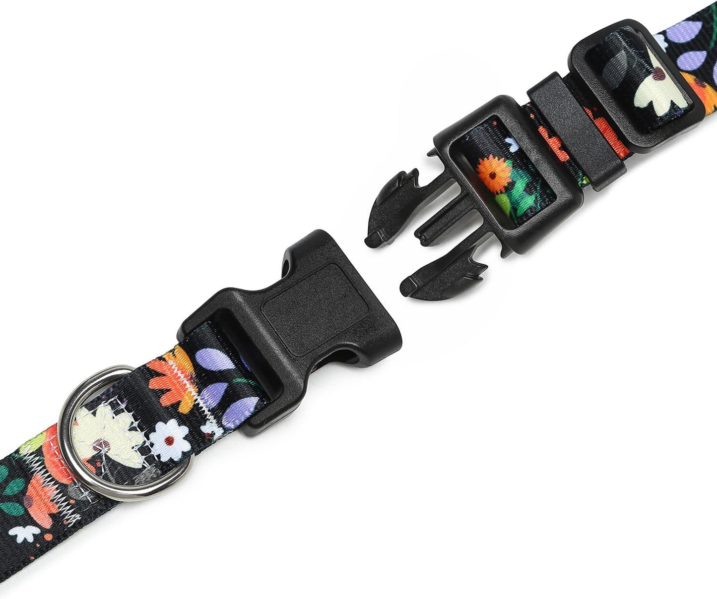 Mercano Adjustable Dog Collar - Special Design Patterns, Soft Nylon Comfortable Durable Pet Collar for Small Medium Large Dogs (L, Floral Orange)