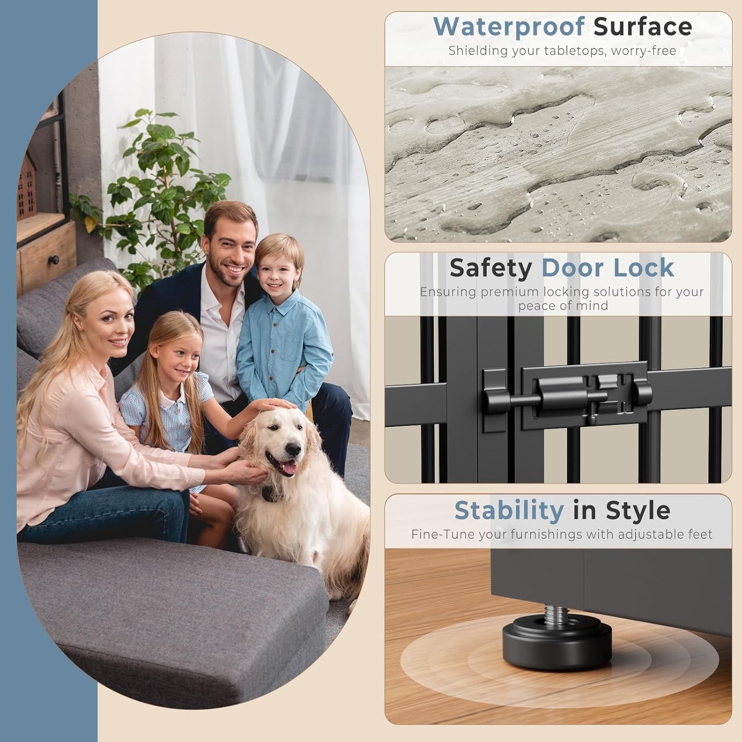 Lyromix 48'' XXL Dog Crate Furniture with 3 Doors, Wooden Crate End Table Heavy Duty Indoor Combination Cage for Medium to Large Dogs, Multiple Units Can be Combined, Grey