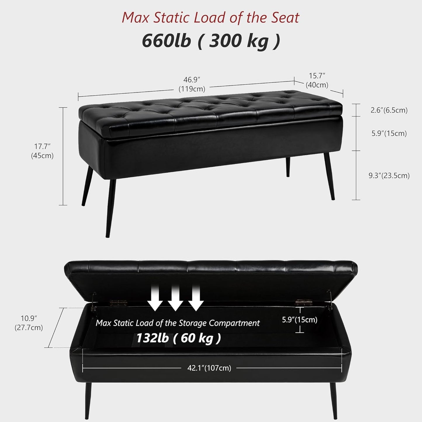 Leather Storage Ottoman Bench,End of Bed Bench for Living Room Bedroom Dinning Room Entryway,Mid-Century Modern,Faux Leather,with Steel Legs,Safety Hinges, Loads 660 lb (with Button, Black)