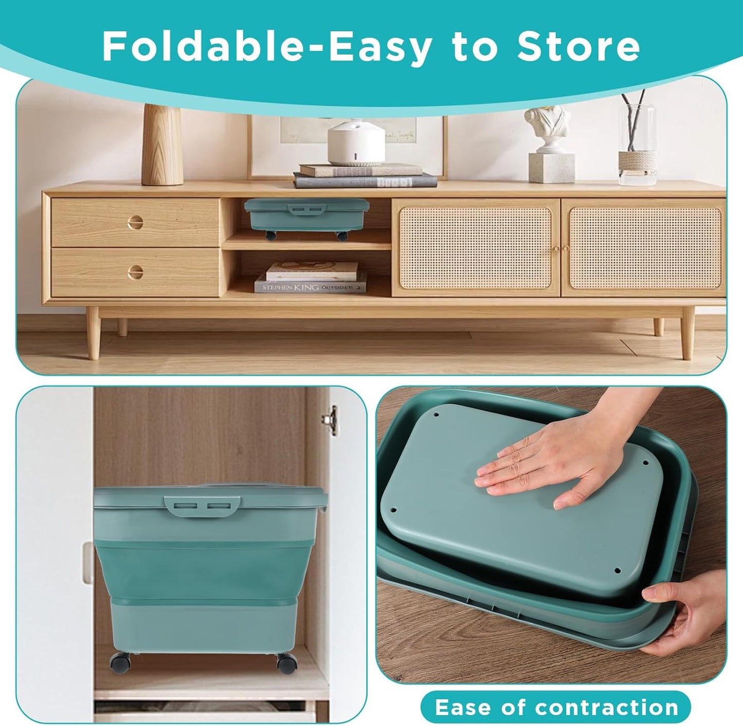 Collapsible Cat Litter Storage Bin Container with Airtight Lids, Portable Cat Litter Storage Container with Wheels, Kitchen Cereal Rice Leakproof Sealable