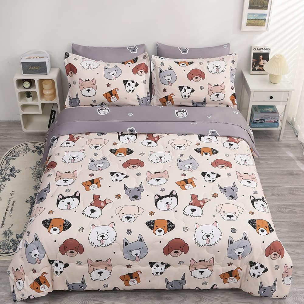 Kids Comforter Set 7 Piece Bedding Cute Dog Cartoon Animal Bed Microfiber Comforter Full Size All Season (1 Comforter, 1 Flat Sheet, 1 Fitted Sheet, 4 Pillowcase)