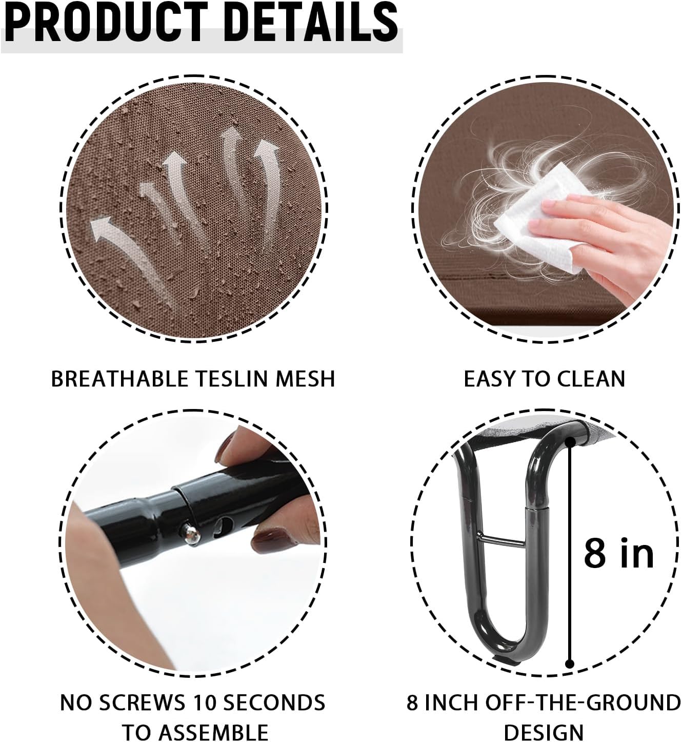 pettycare Elevated Outdoor Dog Bed - Raised Cots Beds for Small Dogs, Waterproof Pet Hommock Easy to Assemble, Cooling with Teslin Mesh, Durable, Non Slip, Indoor & Outdoor, Up to 35 lbs, Brown