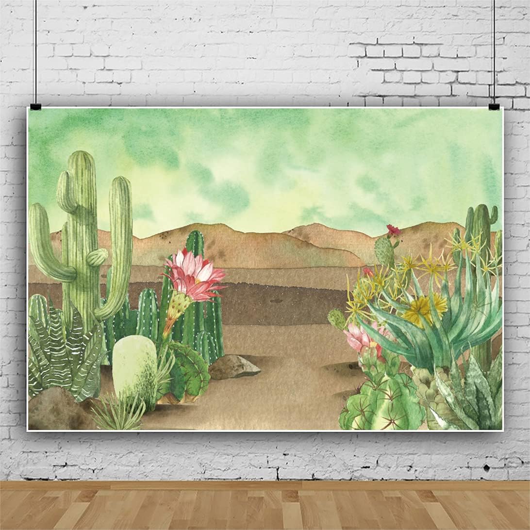 Renaiss 10x7ft Floral Cacti Backdrop Watercolor Aloes Cactus Flowers Desert Scenery Photography Background Botanical Mexican Fiesta Baby Shower Bridal Shower Birthday Party Decors Photo Studio Props