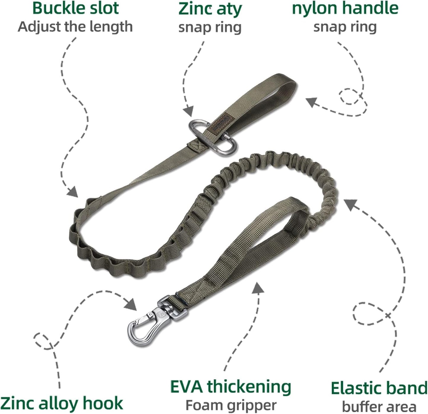 Excellent Elite Spanker Tactical Bungee Dog Leash Military Adjustable Dog Leash Quick Release Elastic Leads Rope with 2 Control Handle(Ranger Green)