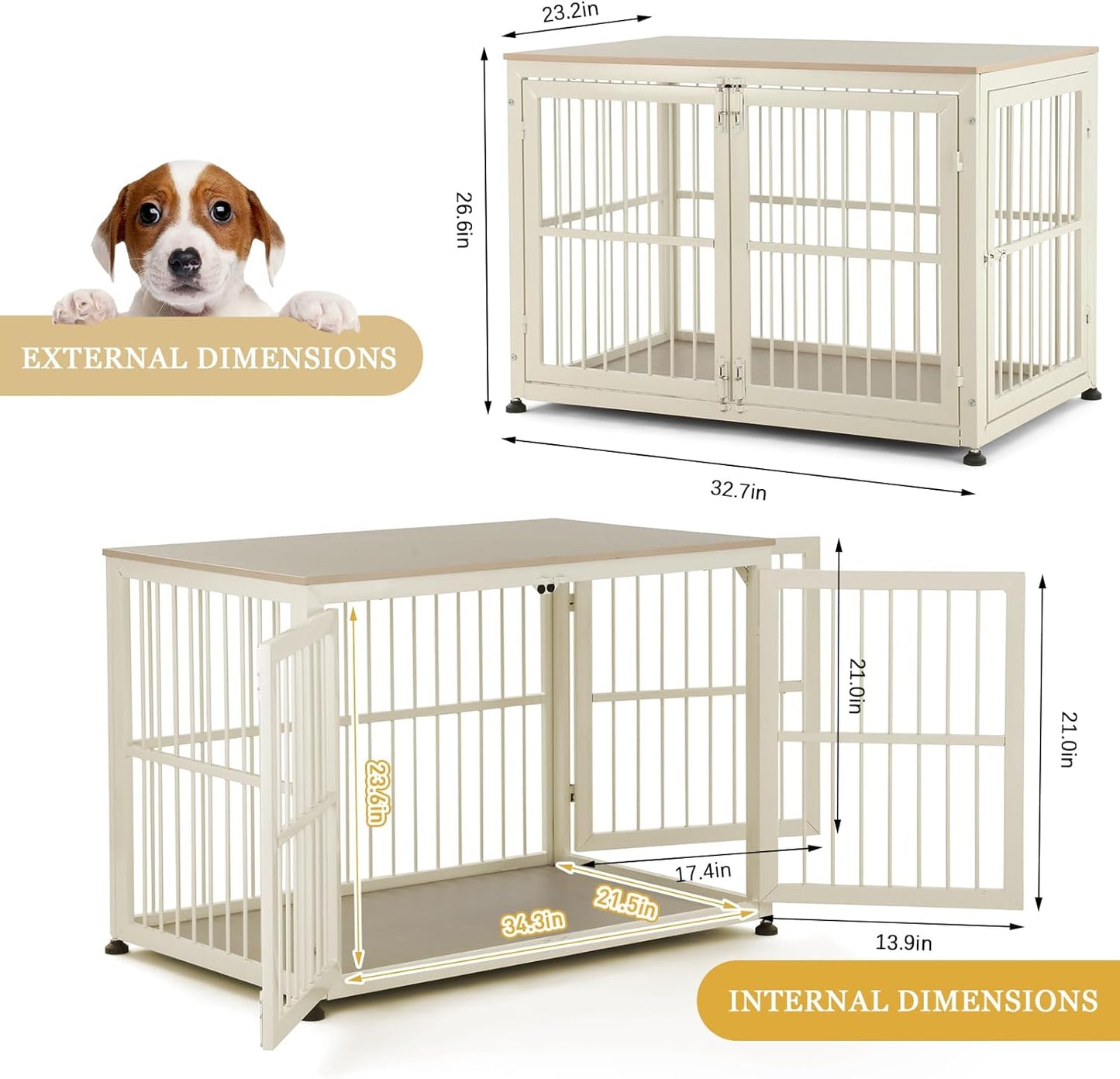 48" Rustic Heavy Duty Dog Crate Furniture for Extra Large Dogs, Decorative Pet House End Table, Wooden Cage Kennel Furniture Indoor, Double-Doors Sturdy Dog Cage