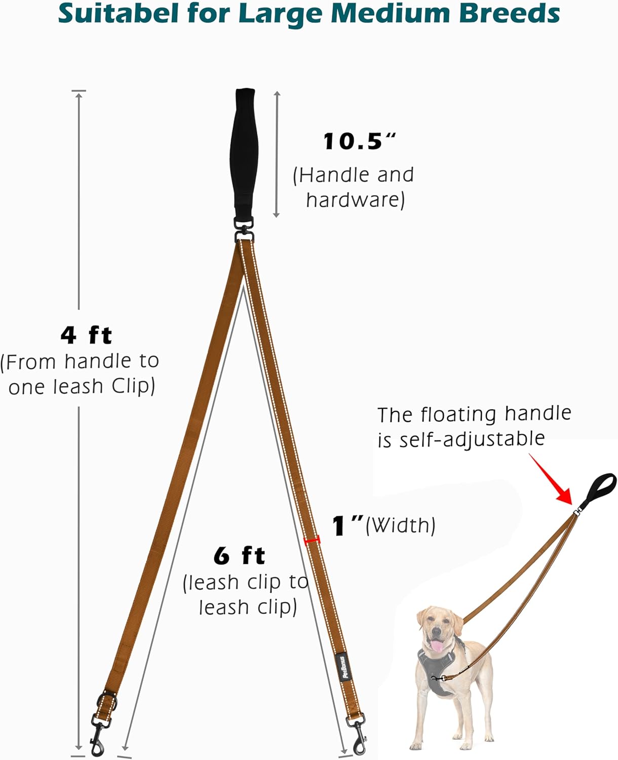 PetBonus Two Point Control Dog Leash, Works with No Pull Harnesses, No Tangle Dog Training Leashes, No Pull Padded and Reflective Walking Lead, Converts to Single Leash for Medium Large Dogs (Brown)