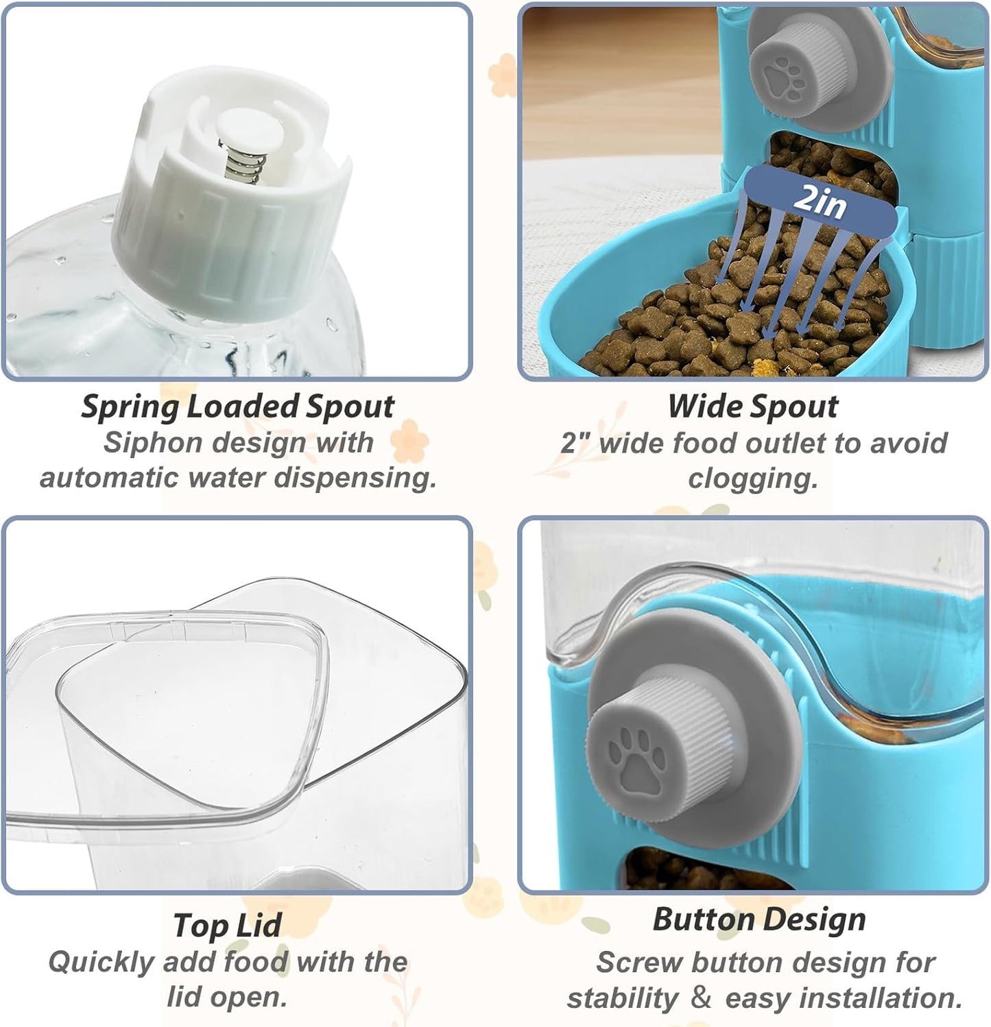 Fhiny Rabbit Food & Water Dispenser, Large Capacity Gravity Guinea Pig Feeder and Waterer Set for Cage Hanging Automatic Bunny Feeder for Bunny Guinea Pig Chinchilla Ferret Cat Puppy