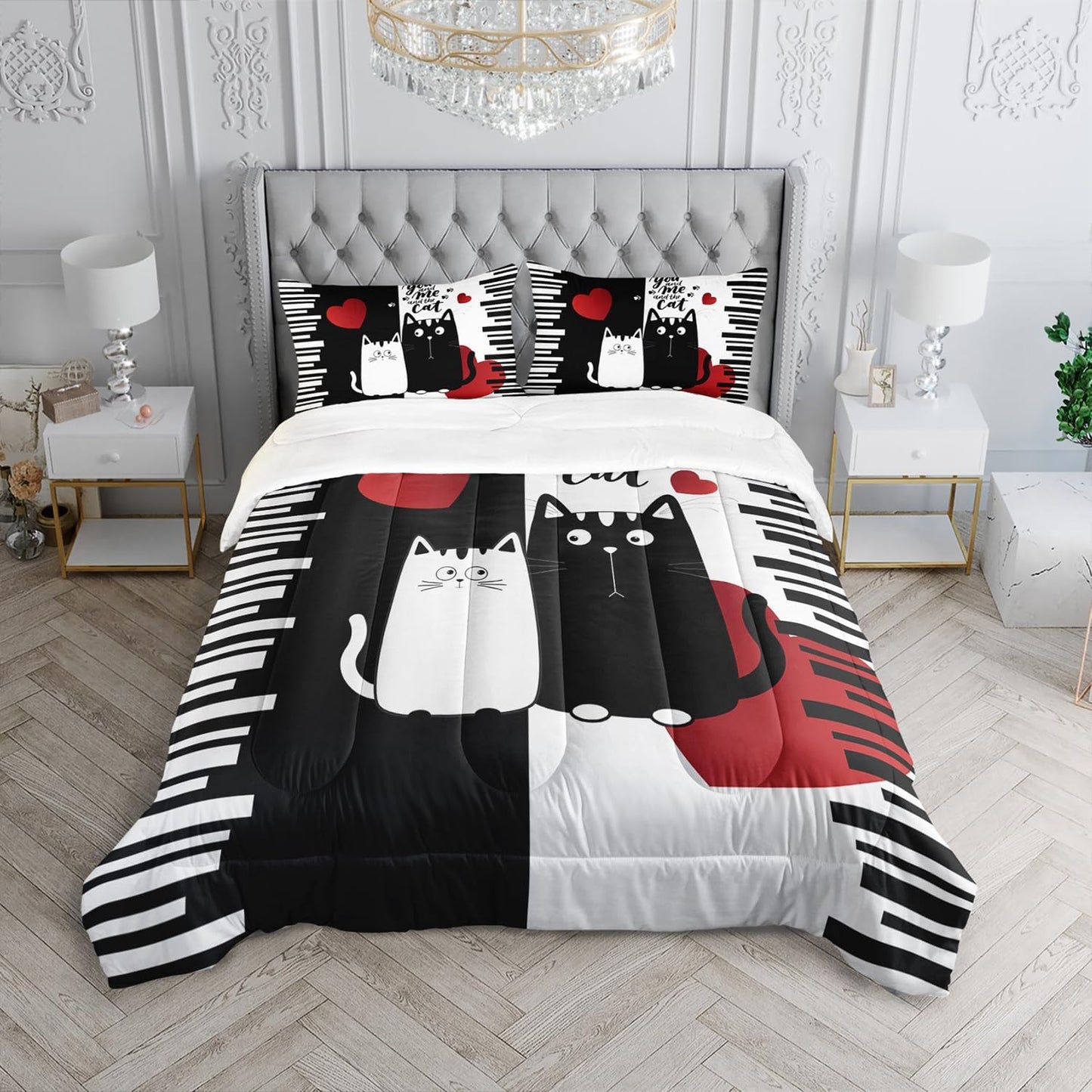 Kawaii Pet Cat Themed Comforter 3Pcs Full Lover's Kitten Animal Bedding Set for Cat Lover Kid Teen Girl Boy Black White Cat Heart Pattern Quilt Bed Decor with 1 Comforter and 2 Pillowcases