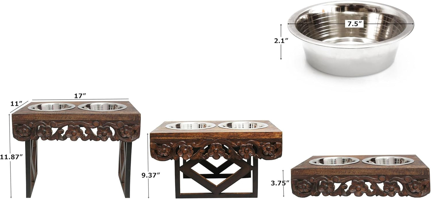 Elevated Pet Feeder for Dogs and Cats - The Bali Carved Wood Pet Feeding Stand with Two Stainless Steel Bowls - Three Heights Adjustable Raised Dog Bowl - Food Water Pet Feeding Station - IRONGATE