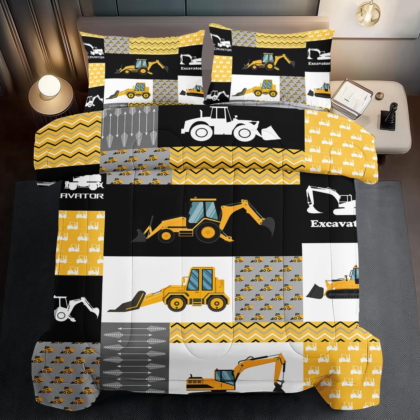 Construction Comforter Set Twin Boys,Yellow Twin Construction Bedding Set,Engineering Vehicles Comforter Yellow Bedroom Decor Kids,Truck Quilt Cartoon Truck Bedding for Teen