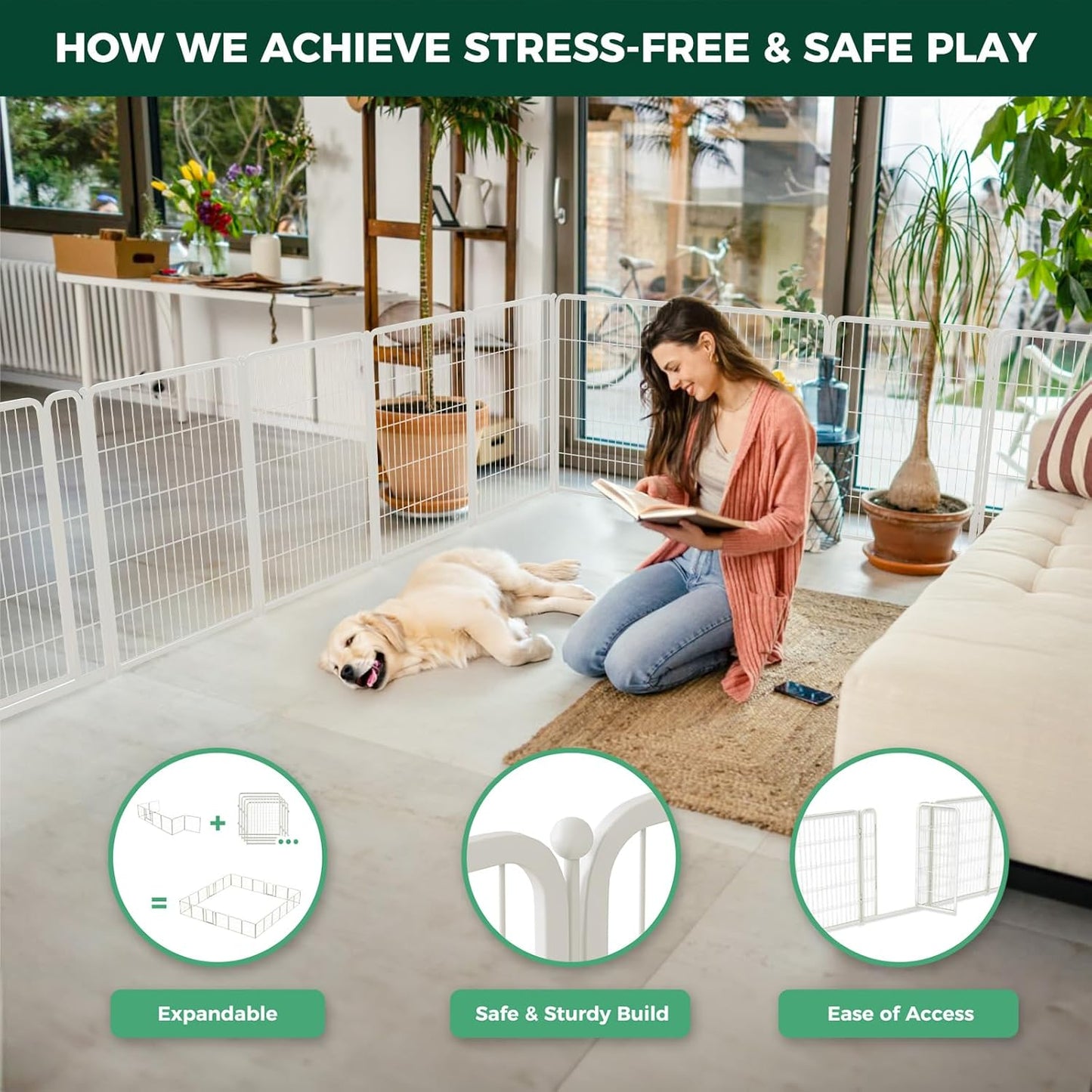 FXW Homeplus Unleashed Indoor Dog Playpen - Stress-Free and Safe Play, Heavy Duty 40 Inch 16 Wire Panels Dog Pen for Medium and Large Dogs, White│Patented