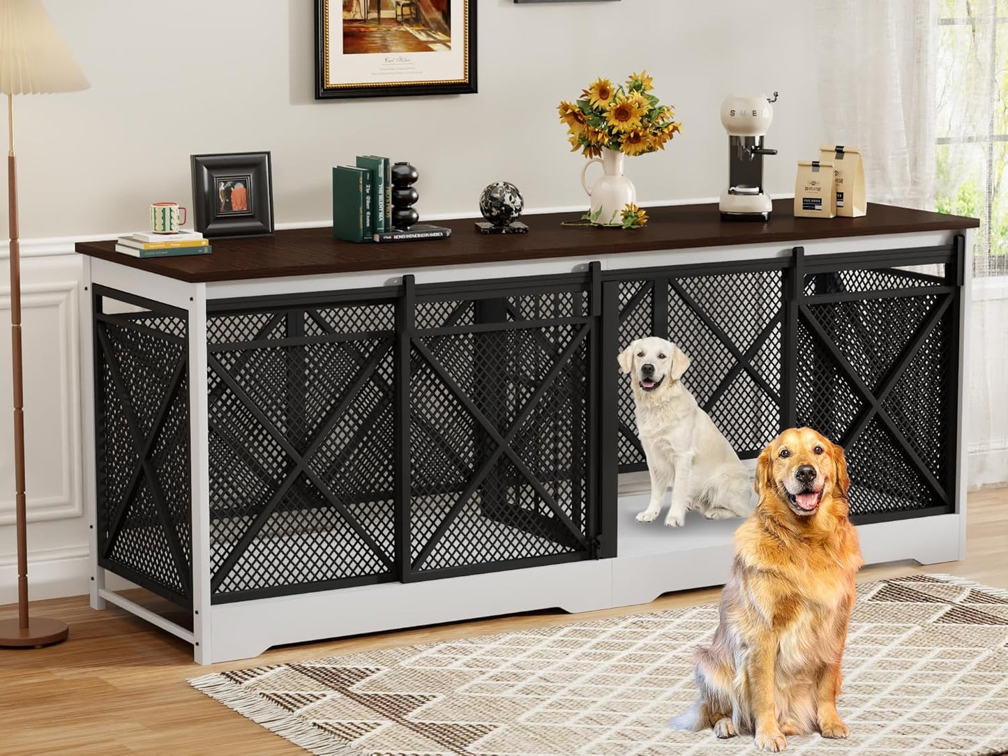 COZPAW 78 Inch Double Dog Crate Furniture, Extra Large Dog Kennel Indoor for Medium Large 2 Dogs, Heavy Duty Dog Cage Chew-Resistant Steel and Wooden Pet House with Removable Divider (White Brown)