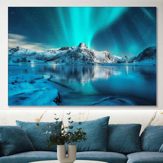 Nature Wall Art Prints - Ocean Forest Mountain Lake Canvas Landscapes - Small to Extra Large Living Room Bedroom Kitchen Bathroom Décor (Northern Lights Over Lake, 24L" x 36W")