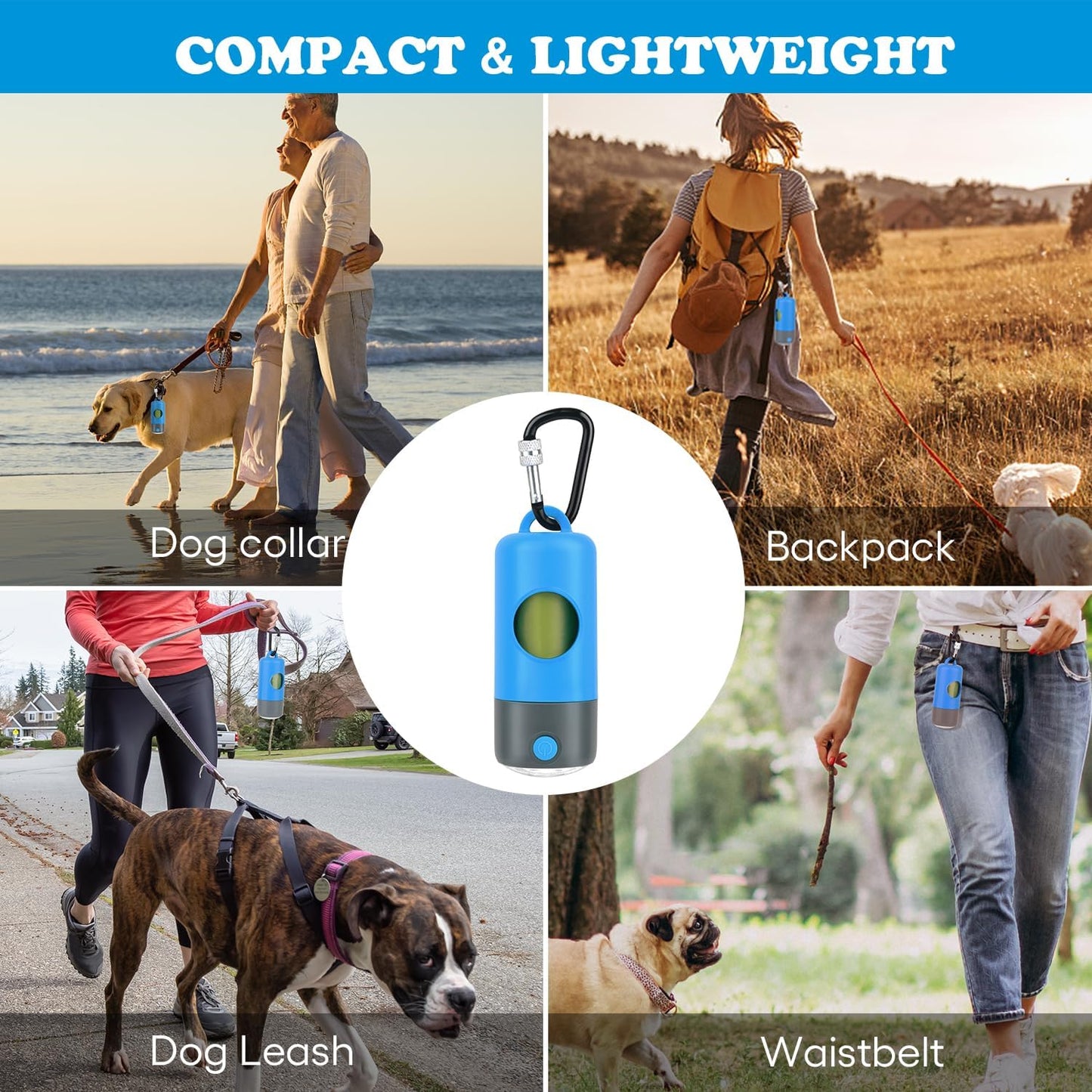 Rechargeable Dog Poop Bag Dispenser With Safety LED Flashlight, Pet Waste Bag Holder with Carabiner Clip For Leash, Collar,Harness, and 15 PCS Extra Thick Doggy Waste Bags