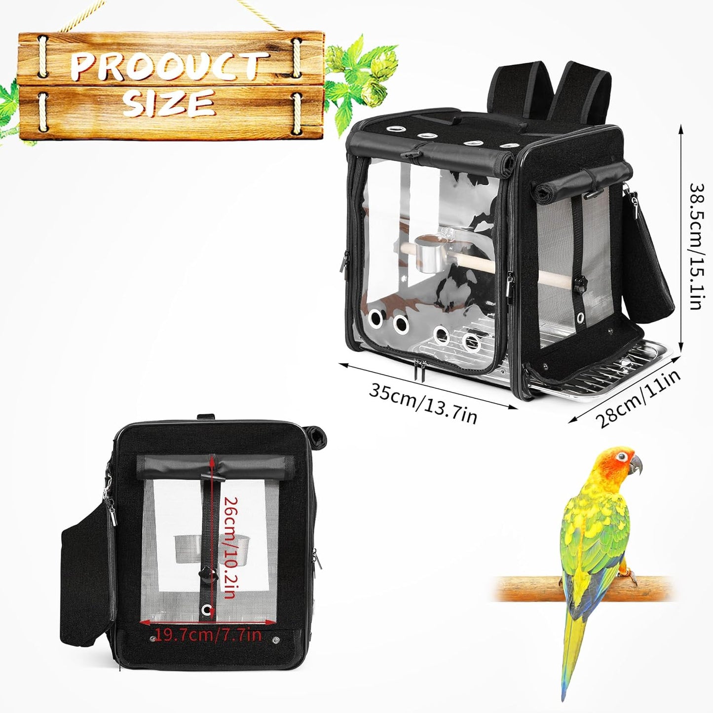 Suertree Bird Carrier with Seat Belt for Car Travel, Bird Backpack Carrier with Indestructible Stainless Steel Mesh, Large Bird Carrier Travel Cage, Black