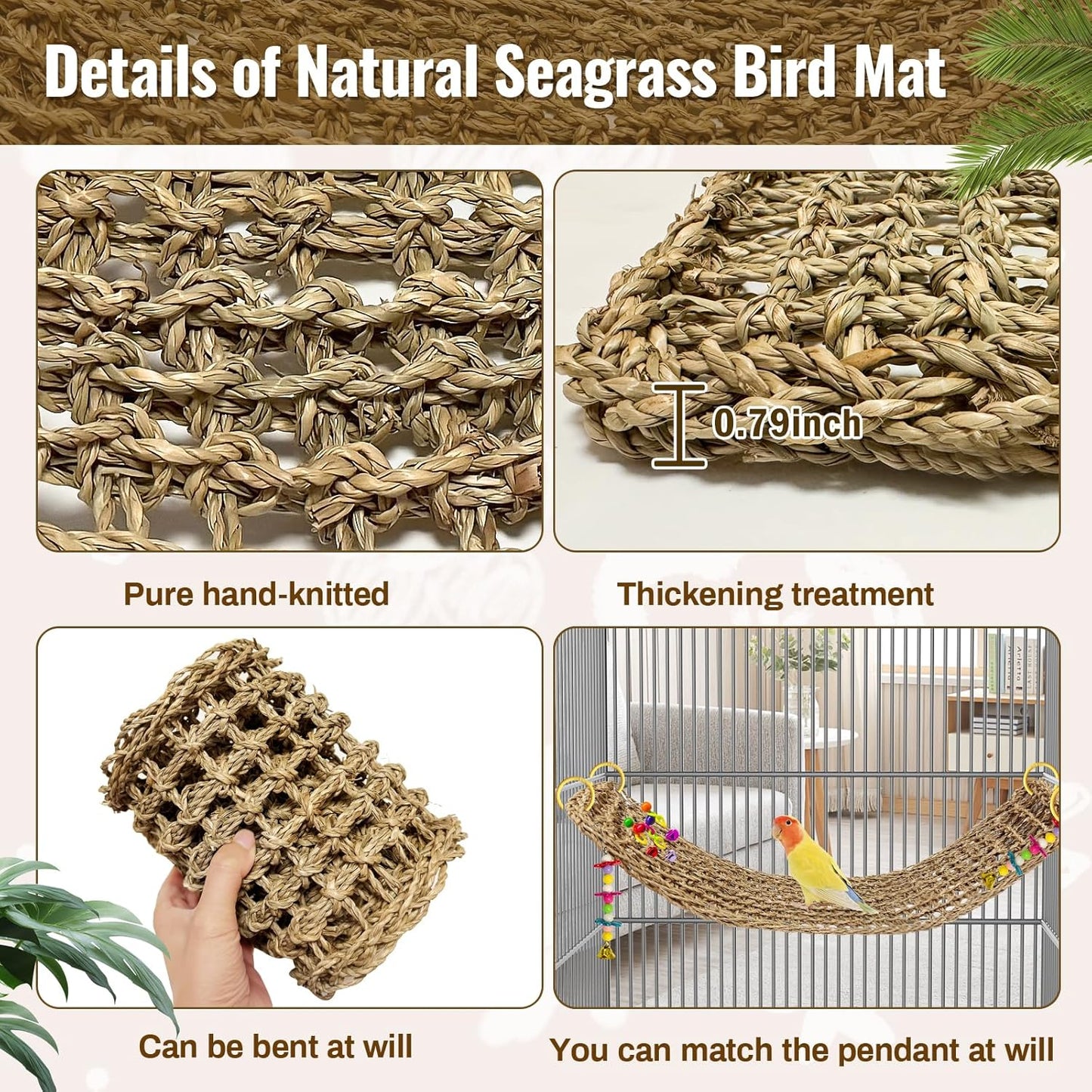 2Pcs 29.5 x 7 inches Large Bird Seagrass Mat Grass Woven Net Parrot Hammock Mat Parakeet Climbing Rope Ladder with Hooks Bird Cage Accessories for Conure Cockatiel Budgie Macaw Bearded Dragon