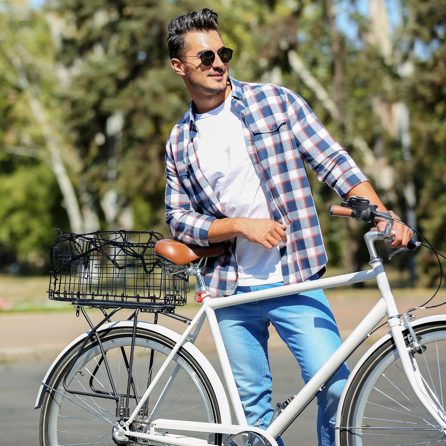 Aodaer Bike Basket with Removable Liner Bag Cargo Net Large Folding Bike Basket Quick Release Metal Ebike Basket Bicycle Storage Basket for Carrying Fruit & Grocery Pets Dogs