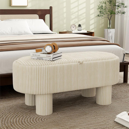 Corduroy Storage Ottoman Bench, 43" Upholstered Oval Footrest with Hidden Storage, Modern Design with Solid Wood Legs for Bedroom, Living Room, and Entryway Furniture, White