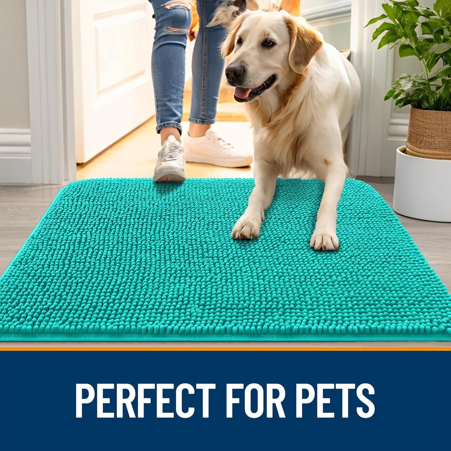 OLANLY Dog Door Mat for Muddy Paws 59x24, Absorbs Moisture and Dirt, Absorbent Non-Slip Washable Doormat, Quick Dry Chenille Mud Mat for Dogs, Entry Indoor Entryway Carpet for Inside Floor, Teal