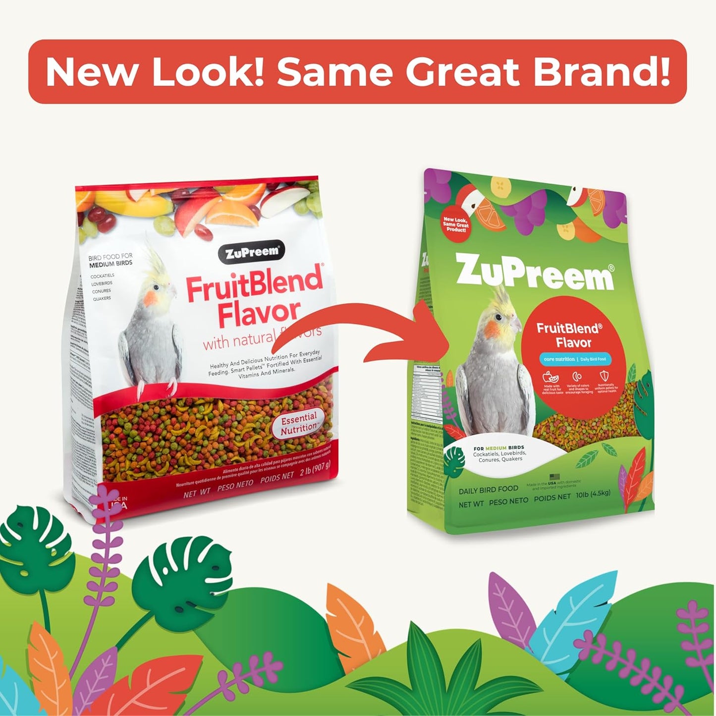 ZuPreem FruitBlend Bird Pellets, Daily Bird Food for Cockatiel, Lovebird, Quaker, Small Conure, Lorikeet, Core Nutrition for Medium Birds, Cockatiel Pellets, Conure Food (M, 2 lbs)