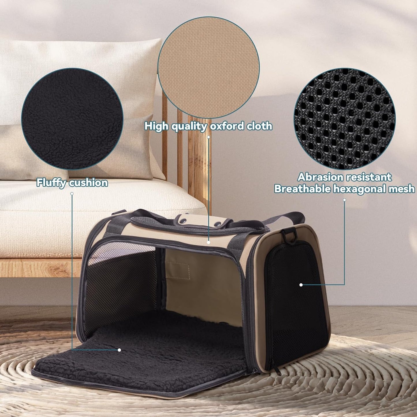 PETSFIT Pet Carrier for Cat, Small Dogs, Dog Carrier Airline Approved, TSA Approved Soft Cat Carrier for Travel, Small Animal Carrier for Pets Under 12 Lbs, Khaki