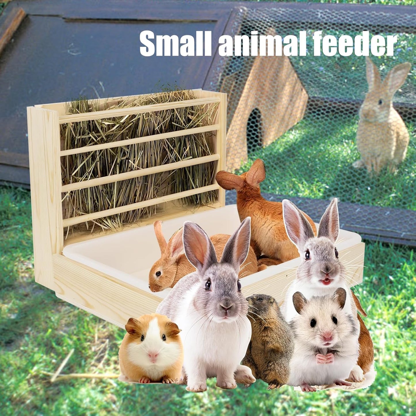 2 in 1 Wooden Rabbit Hay Feeder Box Safe Bunny Feeder Manger Grass Food Holder Rack Hay Holder with Toilet Rabbit Hay Feeder with Litter Pan Designed for Rabbits Guinea Pig Hamster Small Animals