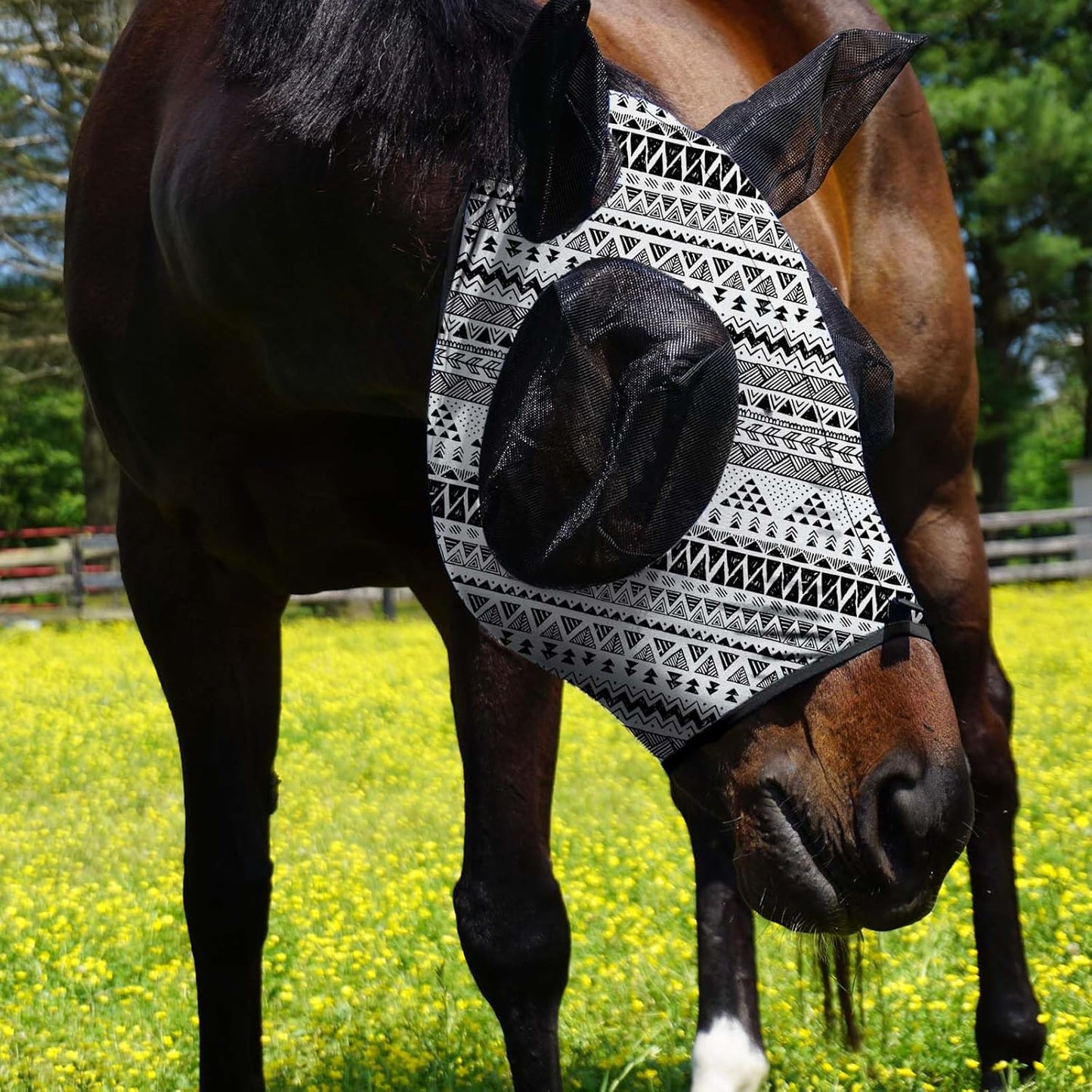 Harrison Howard Super Comfort Stretchy Fly Mask Large Eye Space with UV Protection Soft on Skin with Breathability Doodle Aztec M Cob