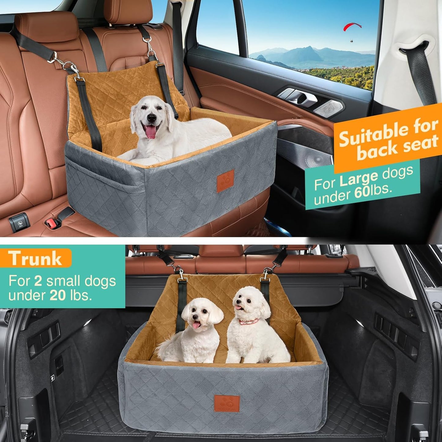 Dog Car Seat for Large Medium Dogs,Washable Pet Carseat Under 55 lbs or 2 Small Dogs,Dog Booster Seat with Thick Cushion,2 Safety Leashes