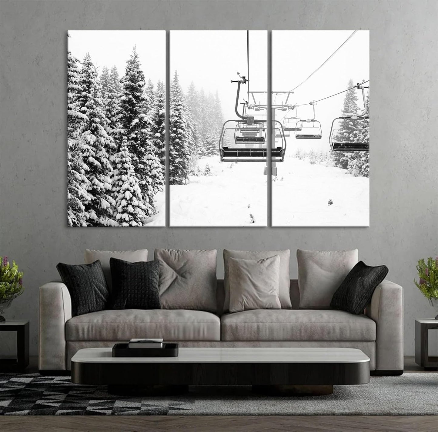 Nature Wall Art Prints - Ocean Forest Mountain Lake Canvas Landscapes - Small to Extra Large Living Room Bedroom Kitchen Bathroom Décor (Ski Lift on Snowy Mountain, 47L" x 71W" - 3 panels)