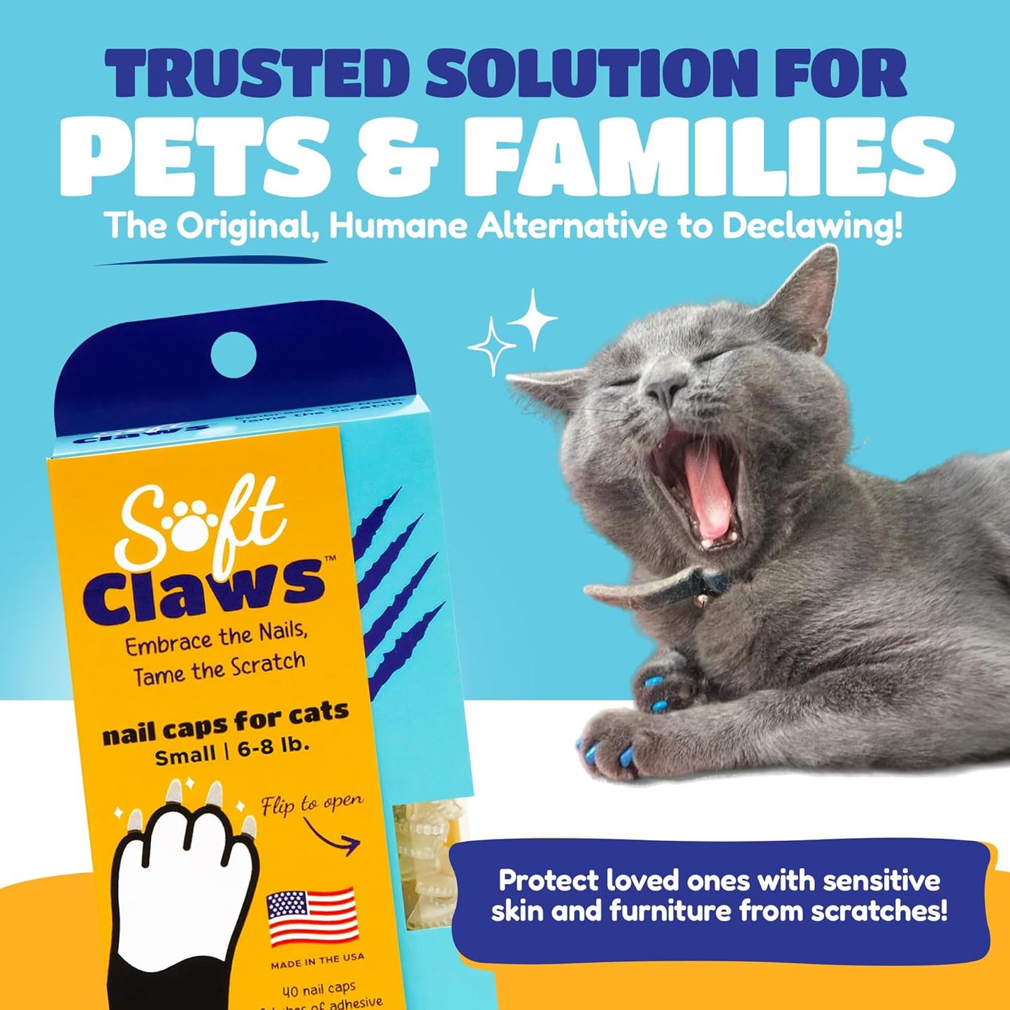 Soft Claws Cat Nail Caps for Small Cats – (40 Caps, Clear) - Made in USA - Veterinarian-Developed | Protects Furniture & Skin - Easy to Apply, Long-Lasting Anti-Scratch Soft Cat Claw Covers
