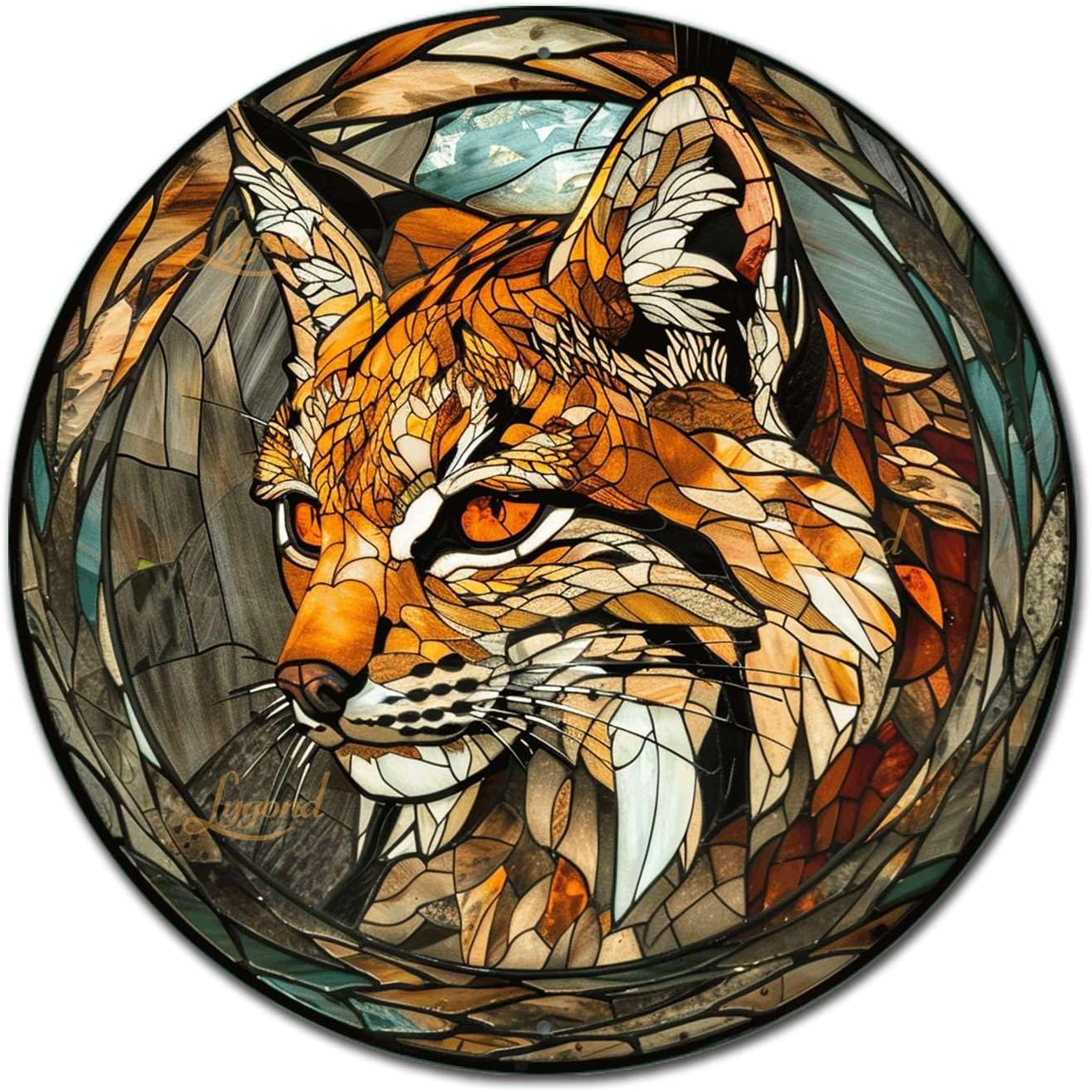 Lygond Metal Sign Tin Sign Circular Stained Glass Bobcat Funny Outdoor Decor for Club 8×8 Inches