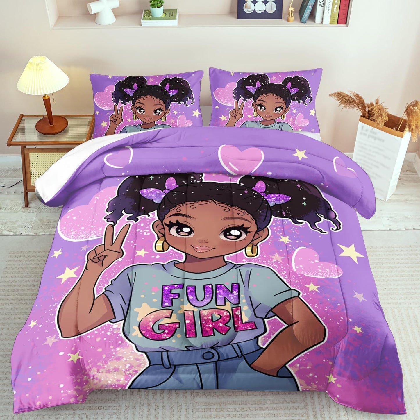 African American Black Girl Comforter Set Queen Size,Cute Black Girl Bedding Set Queen for Kids,Kawaii Heart Comforter Purple Bedding Decor for Teen,Purple Bed Quilt