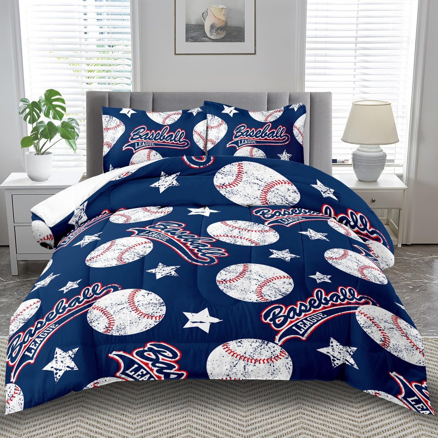 Baseball Comforter Set Full,Sports Bedding Sets for Boys,Blue Sports Comforter Full Bedroom Decor,Baseball Bedding Teen for All Seasons,Blue Quilt Kids Bedroom Decor