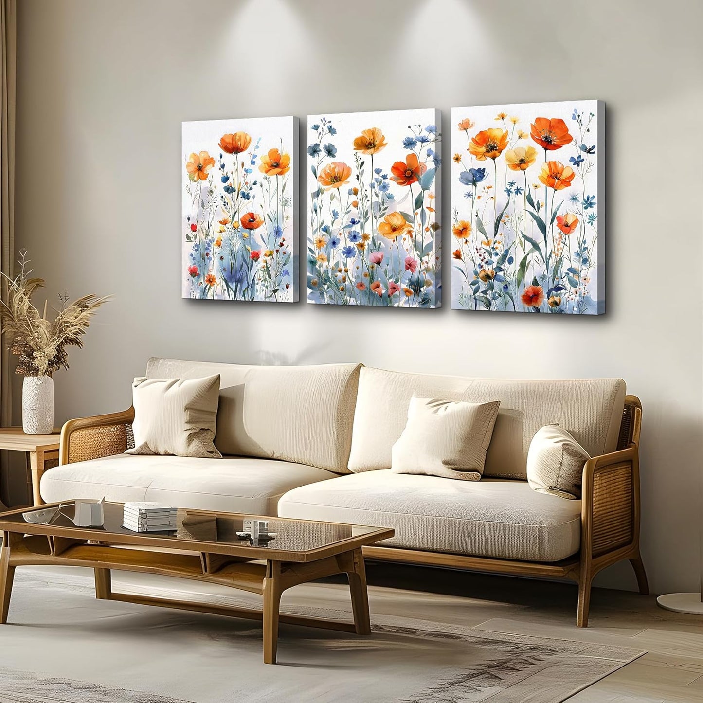 TTHYUEWS Boho Wall Art for Living Room Canvas Wall Decor for Bedroom Modern Wall Decorations For Dining Room Family Wall Pictures Artwork Flowers Watercolour Paintings Posters Home Decor 3 Piece