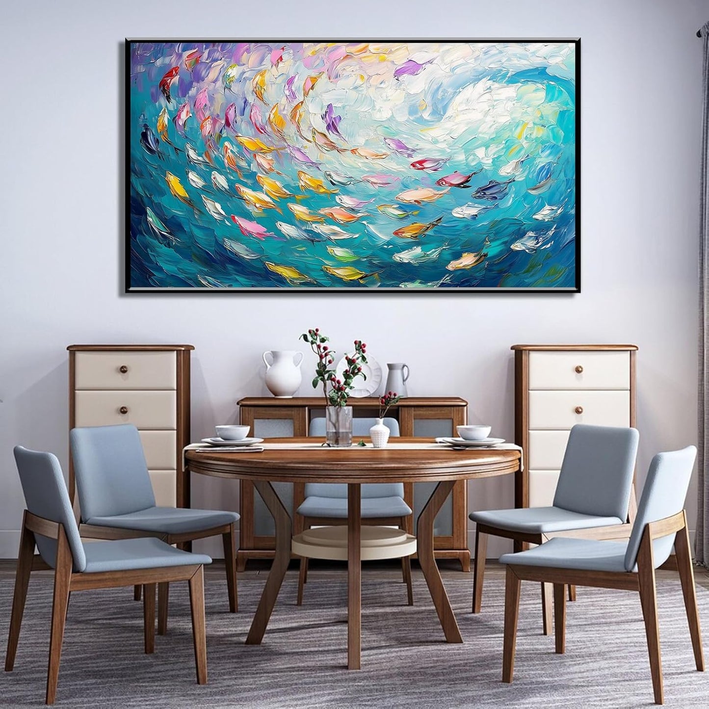 Fish Canvas Wall Art, Abstract School of Fish Canvas Wall Art, Ocean Picture Print, Sea Life Print Decor, Nautical Painting, Living Room, Bedroom, Bathroom Decor (Black Framed, 36"x20" | 92x52cm)