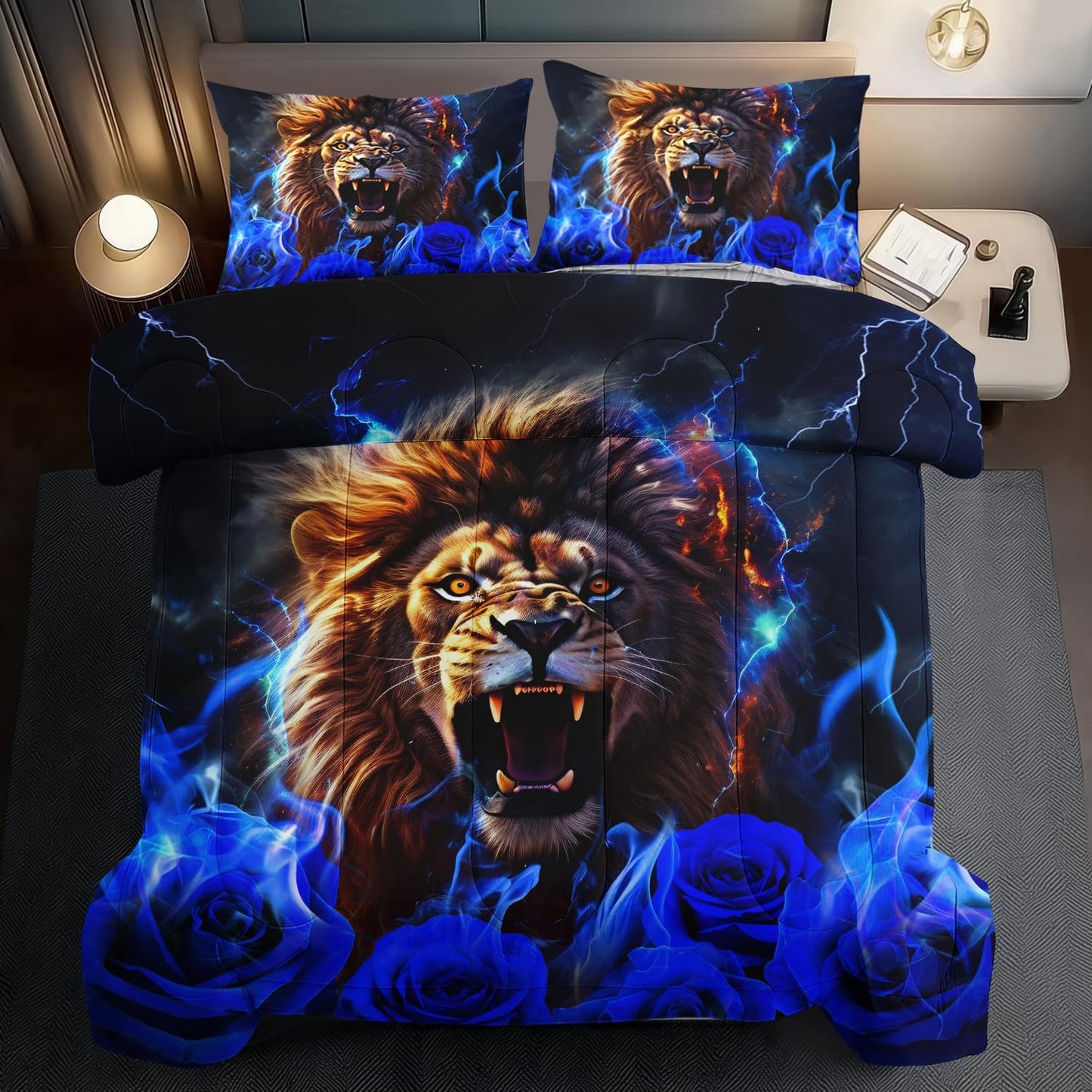 Lion Blue Comforter Set King,Lion Bedding Set Boys,Animal Print Comforter Bedroom Decor for Home,Vintage Floral Quilt,Blue Flower Bedding Adult,Tiger Quilt Bed Decor Teen