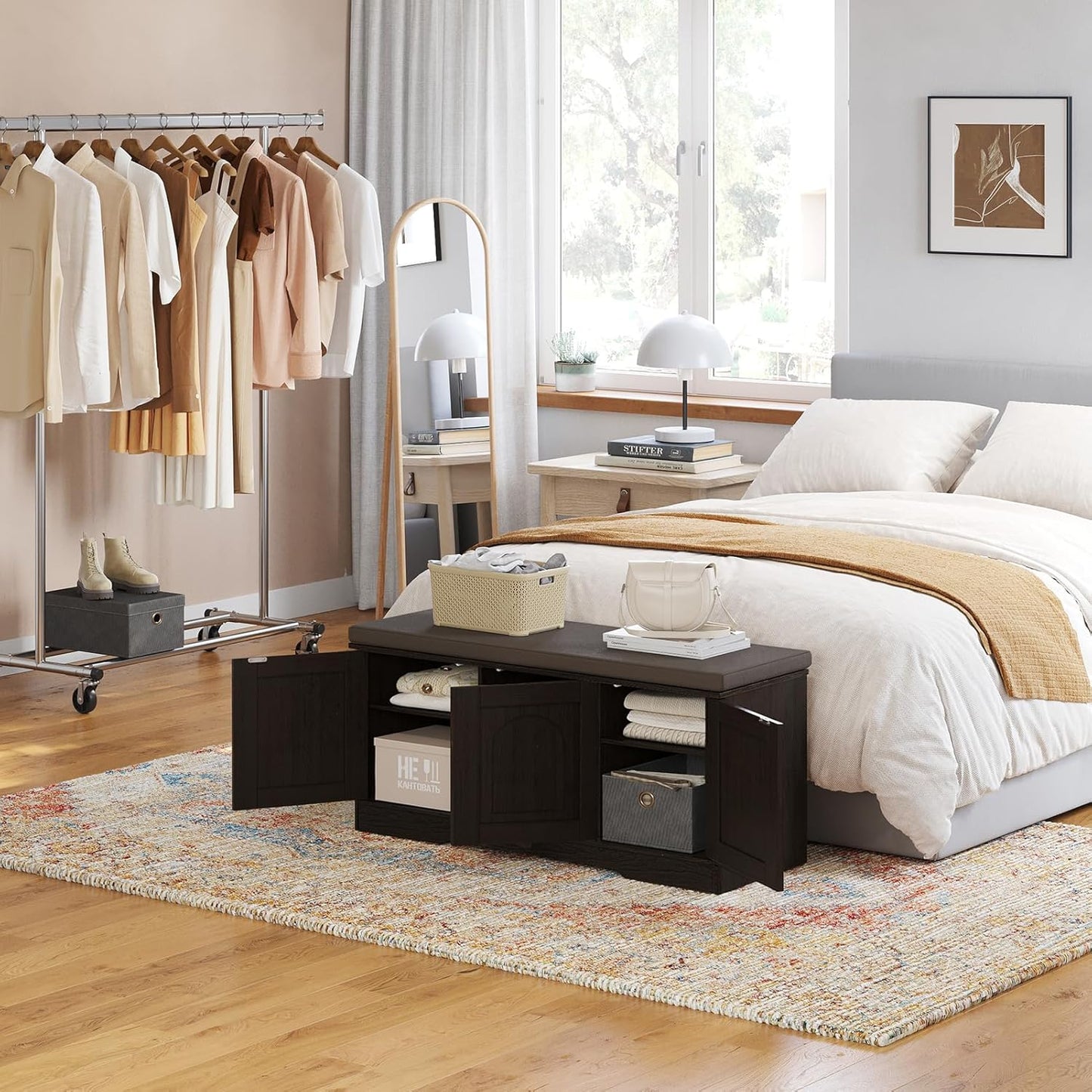 DINZI LVJ Shoe Bench, Entryway Storage Bench with Doors, Cushion, 2-Tier Shoe Rack with 6-Cubby, 39.4”L x 13.8”W Shoe Organizer Cabinet, Adjustable Shelf, Living Room, Bedroom, Espresso