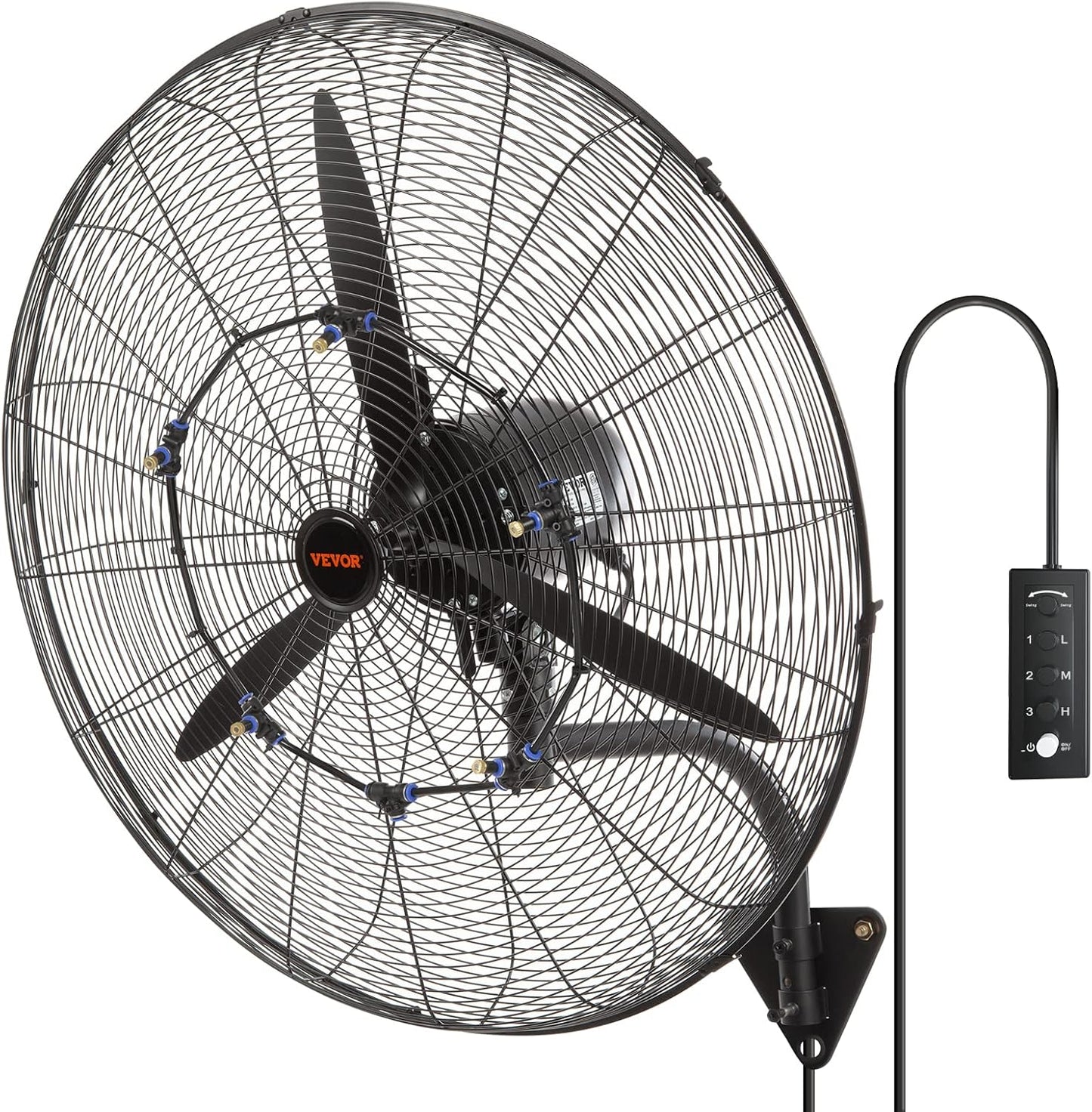 VEVOR 30 Inch Wall-Mount Misting Fan, 3-speed IP44 Waterproof Oscillating, Max. 9500 CFM Wall Mounted Fan for Outdoor, Commercial, Residential, Greenhouse, Workshop, Patio, Black, ETL Listed