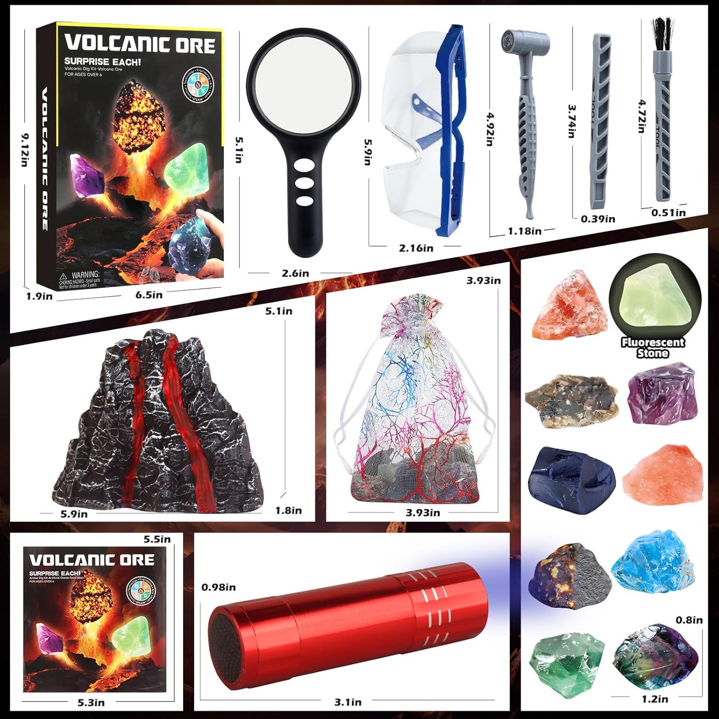 Volcano Dig Kit - 10 Rocks Excavation Kit, Gemstone Rocks for Kids, Fossil Volcano Toys Dig Kits for Rocks Collection, Volcano Toys for Boys Girls 6 and up Year Old Birthday Gifts