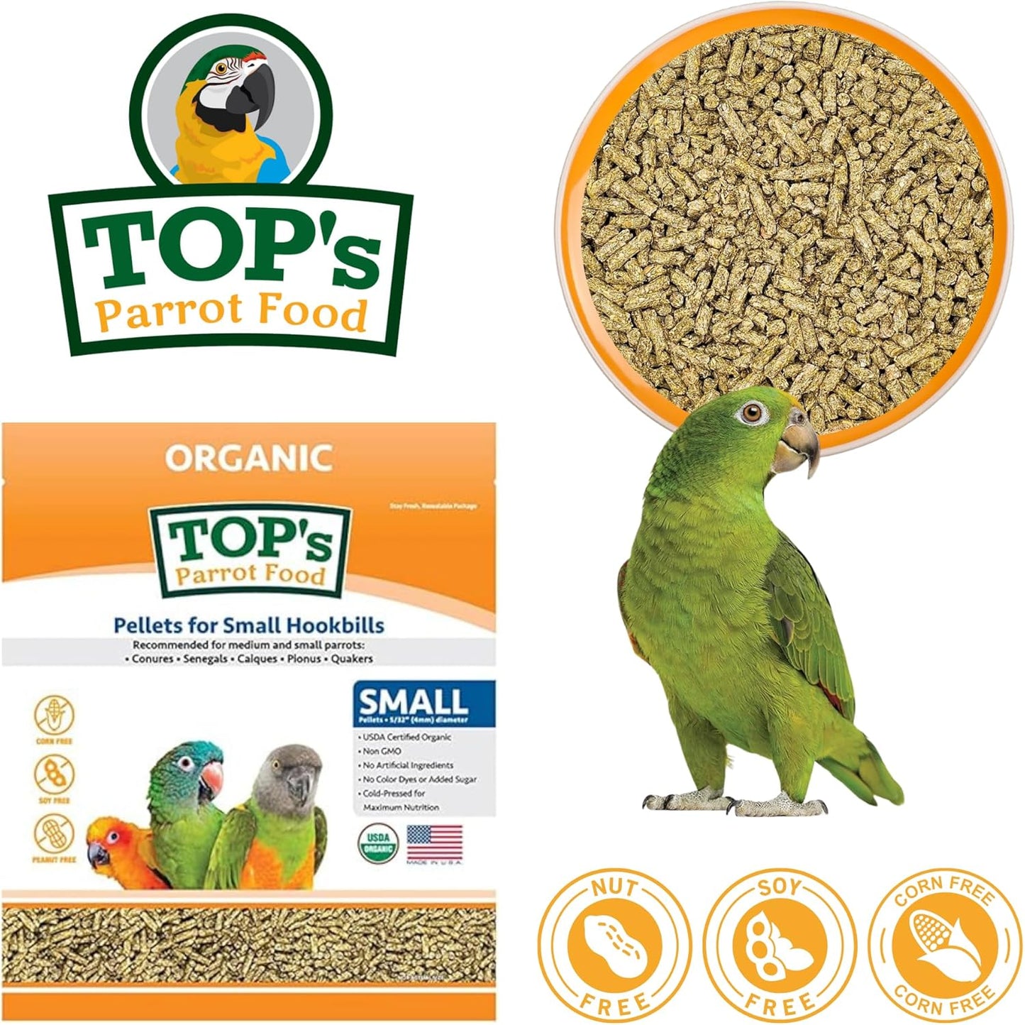 TOP's Parrot Food Bird Pellets for Small Hookbills - Non-GMO, Peanut Soy & Corn Free, USDA Organic Certified - 25 lb Bag