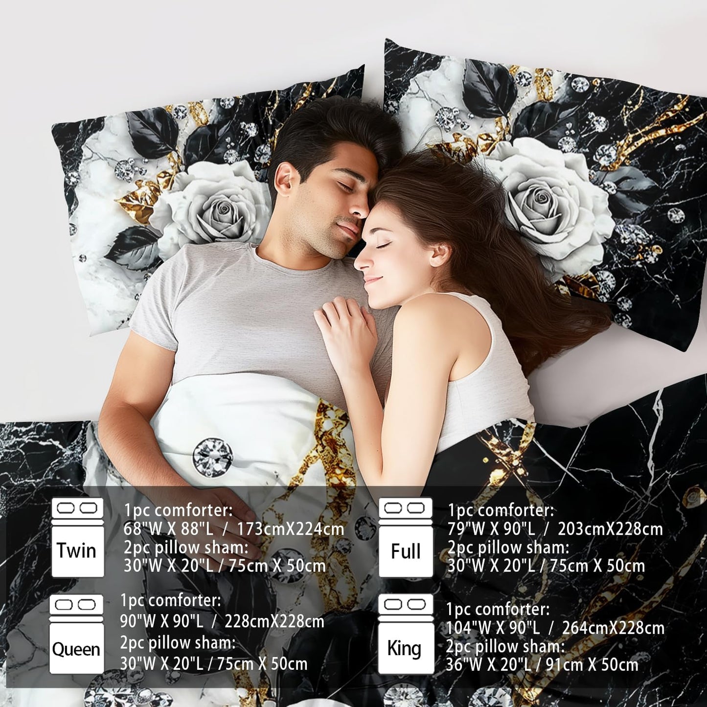 Marble Floral Comforter Set for Full Bed Women,Vintage Flower Bedding Set Full,White and Black Comforter Rose Quilt for Girls,Rose Bedding Floral Bedroom Decor Adults